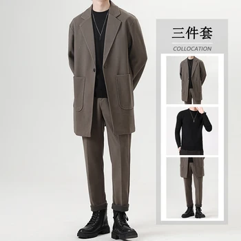 Нови мъжки (костюм + джъмпер + панталони) туид гангстерски красив старши чувство за светлина зрял вятър Хонг Конг syle костюм три снимки набор