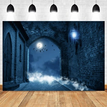 Хелоуин фон Замък Тухлена стена Прилеп Луна Нощ Фон Винилова фотография Декори за фото студио Фотофон Photozone
