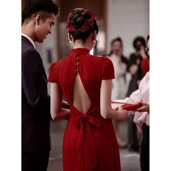 Grace Lace Qipao Женска вечерна рокля без гръб Секси дантела китайски стил рокли Голям лък Cheongsam булката банкет рокля Vestidos