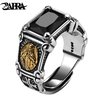 ZABRA Реколта Real 925 стерлинги сребро черен камък пръстен мъж жени Дева Мария пръстени кубичен цирконий оникс бижута отворен размер