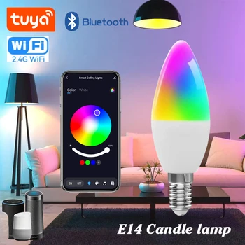 Tuya Smart Life E14 WiFi Bluetooth Smart Candelabra крушки 5W RGB + CW LED лампа 220V димируеми лампи Alexa, Google