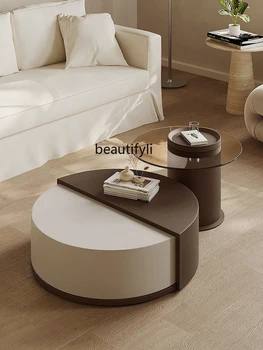 италиански минималистичен кръг масичка за кафе комбинация дизайнер въртящи масивна дървесина хол светлина луксозна стъклена странична маса