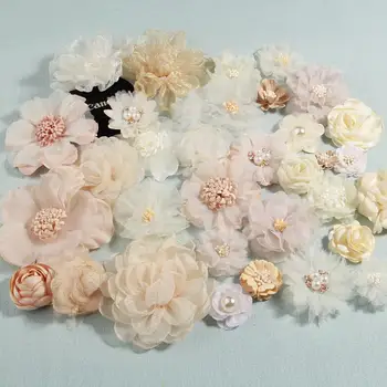 10Pcs слонова кост крем серия Camellia роза шифон плат изкуствени цветя за сватбена покана рокля декорация занаятчийски проекти