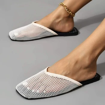 Плюс размер плоски сандали дамски чехли мода окото плоско дъно квадратни пръсти джапанки кухи случайни сандалиzapatos Mujer Verano