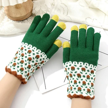 Зимни плетени ръкавици Цветен сензорен екран Студено устойчиви топли ръкавици с пръсти Корейски стил All-Match Колоездене вълнени ръкавици подарък
