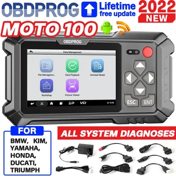 OBDPROG MOTO 100 Инструмент за диагностичен скенер за мотоциклети ECU кодиране ABS Oil Reset SRS TPMS EPB A / F Adjuse Auto Motor Analysis Tool