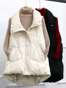 Извънгабаритни удебелени надолу памучна жилетка Жени Връхни дрехи Есен Зима Loose Casual All-Match Sleeveless Jacket Жилетка Snow Wear