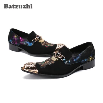 Batzuzhi Handade Fashion Мъжки кожени обувки Метален връх Черен велур рокля обувки за мъже Бизнес Оксфорд, големи размери US6-US13