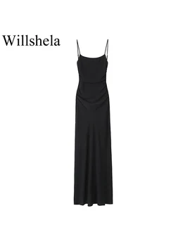Willshela жените мода черно плисирани без гръб цип Midi рокля реколта тънки презрамки квадратна яка женски шик дама рокли