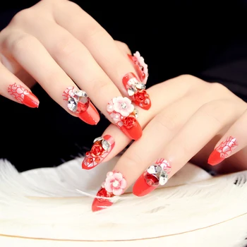 24PCS Дълга червена преса върху ноктите Pearl Flower Sweet Style Пълно покритие на ноктите Фалшиви нокти Сменяеми перфектни подаръци LightweightSalon