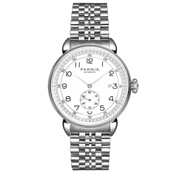 Fashion Parnis 42mm сребърен калъф Автоматични мъжки ръчни часовници Стоманена каишка календар Луксозни механични часовници за мъже подарък часовник