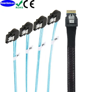 PCI-E Ultraport Slimline SAS 4.0 38pin SFF-8654 4i до 4X SATA 7P женски ляв ъгъл кабел