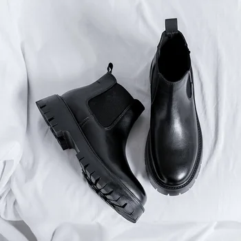 мъжка мода есен зимни ботуши черен прилив платформа обувки каубой естествена кожа глезена обувка джентълмен челси ботас masculinas