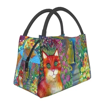 Абстрактно Кити портрет изолирани чанти за обяд за къмпинг пътуване модерен котка цвете изкуство водоустойчив термичен охладител Бенто кутия жени