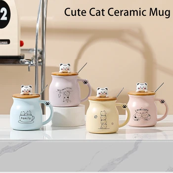 Сладка котка керамична чаша за кафе с капак и лъжица, закуска мляко и зърнени храни, двойка чаша подарък, японски стил творчески чаши