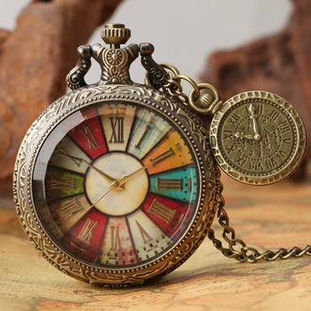 Ретро бронз колоритен римски цифра набиране дисплей кварцов джобен часовник с огърлица верига отдих висулка подарък мъжки часовник