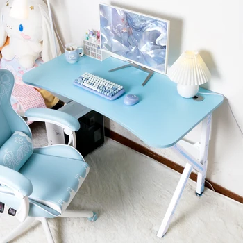Ново синьо игрално бюро Ергономична професионална геймърска маса с кука за слушалки Led светлини Домашен офис компютър на живо бюро за момиче
