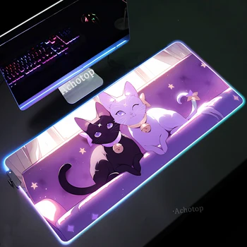Kawaii Cat RGB подложка за мишка Геймър Голяма подложка за мишка LED подсветка Deskmat XXL Аксесоари за игри Подложки за клавиатура Голям офис килим за маса