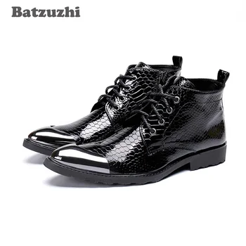 Batzuzhi ръчно изработени ботуши мъже посочи метален връх черен кожен глезена ботуши дантела нагоре западната мода Botas Hombre готино, големи размери 46