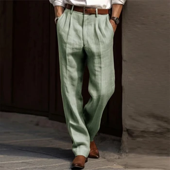 Памучни ленени панталони Мъжки бизнес ежедневни мода тънък костюм панталон есен реколта мъжки плътен цвят нагънат нов дизайн талия панталони