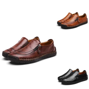 Мъжки модерни и удобни ежедневни обувки, кожени дишащи мъжки равни обувки, мъжки обувки за шофиране с цип