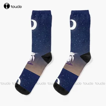 Moon Bunny Socks White Soccer Socks Youth Personalized Custom Unisex Adult Teen Youth Socks 360° Коледен подарък за цифров печат