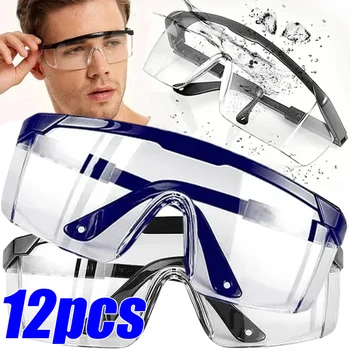 12Pcs Очила за безопасност при работа против пръски Защита на очите Лабораторни очила за защита на очите Защитни индустриални очила за защита от прах от вятър Очила за колоездене