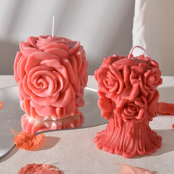 Сватбена роза букет Свещ силиконов мухъл Ден на Свети Валентин цвете букет Pillarresin гипсови форми Луксозни уникални сватбени подаръци