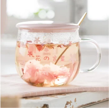 Стъклена чаша Сакура чаша с чай Инфузер Филтър &Капак 300ml Комплект черешови чаши Blossoms Flower Teacup Прозрачно топлоустойчиво стъкло