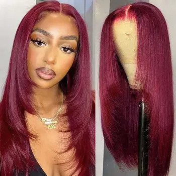 99j Червени прави дантелени предни перуки Човешка коса 180% плътност 13x4 HD дантелени предни перуки за черни жени
