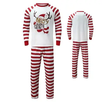 Коледна пижама комплект родител-дете Коледа дълъг ръкав лосове печат отгоре бял червен раиран панталон семейство съвпадение екипировки