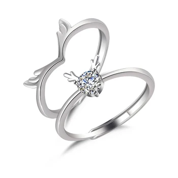 Мода двойка рога отваряне пръстени сребърен цвят кристал циркон пръст пръстен мъже жени годежен пръстен бижута аксесоари