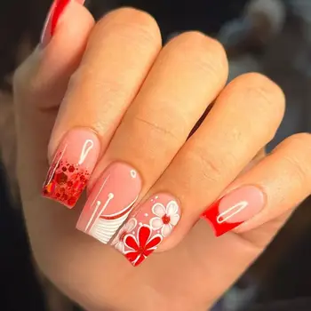 Френски фалшиви нокти мода любов сърце червени цветя натиснете върху ноктите подвижни дълги квадратни фалшиви Nials DIY