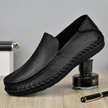 Ежедневни изцяло съвпадащи кожени обувки Мъжки летни бизнес официални облекла Грахови обувки Меко дъно Татко Slip-on дишащи тънки обувки
