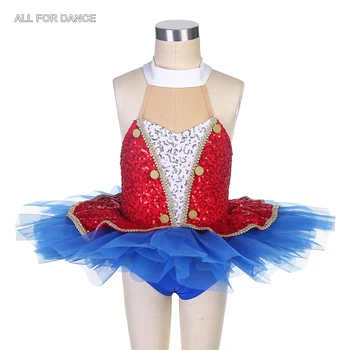 16690 Червено и бяло елече с пайети със синя пола Балет Детски балетни костюми Танцова пачка Изпълнение Танцово облекло Туту