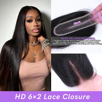 Права човешка коса Мека девствена коса HD 2x6 Предварително оскубана дантела Затваряне Прозрачно затваряне за жени Естествена линия на косата