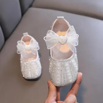 NEW Пролет Есен момичета обувки Bling единични обувки за бебе момиче лък кристал блясък пайети сватбени обувки танц парти обувка 21-35