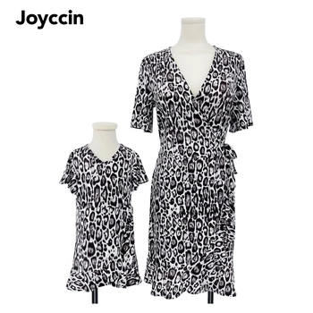Joyccin многоцветен леопард печат самостоятелно вратовръзка обвивка къдрава подгъва рокли майка деца жени пеперуда ръкав възел страна модерен рокля
