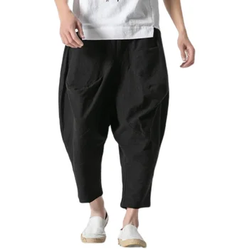 Широк човек 2023 Ленен памук Мъжки панталони CrotCh Китайски харем стил глезена дължина Bloomers крака